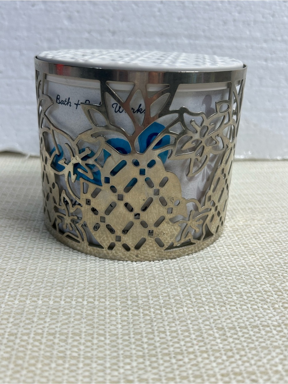 Bath & Body Works Silver Filigree Pineapple Candle Holder with Blue Accent